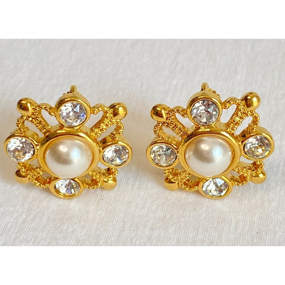 💎Napier Signed Gold Tone Faux Pearl Rhinestone Snowflake Clip On Earrings